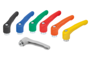 Clamping levers, plastic with internal thread, threaded insert blue passivated steel